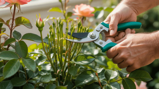 close-up of hands pruning a rose bush with shears in sunlight