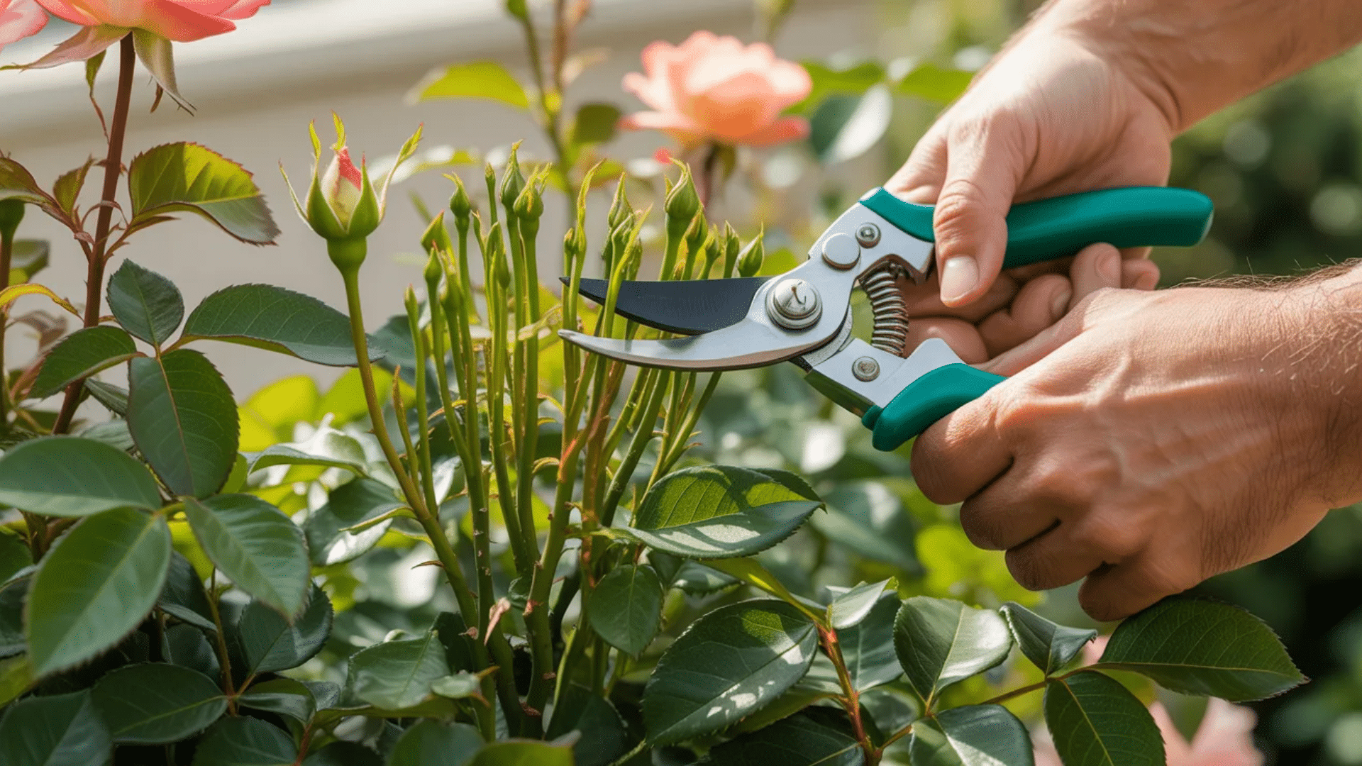 close-up of hands pruning a rose bush with shears in sunlight