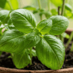 close-up of healthy green basil leaves growing in a pot.