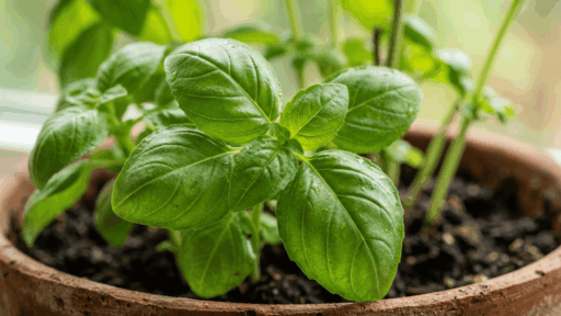 close-up of healthy green basil leaves growing in a pot.