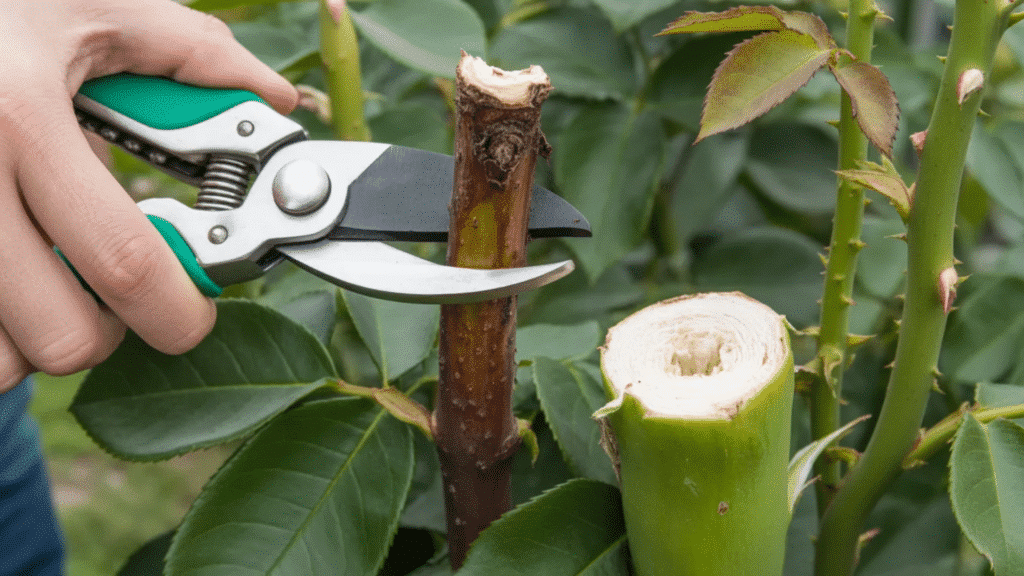 close-up of pruning shears cutting a dead brown rose cane, showing a clean cut with healthy white wood inside next to a green stem