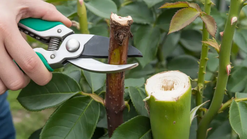 close-up of pruning shears cutting a dead brown rose cane, showing a clean cut with healthy white wood inside next to a green stem