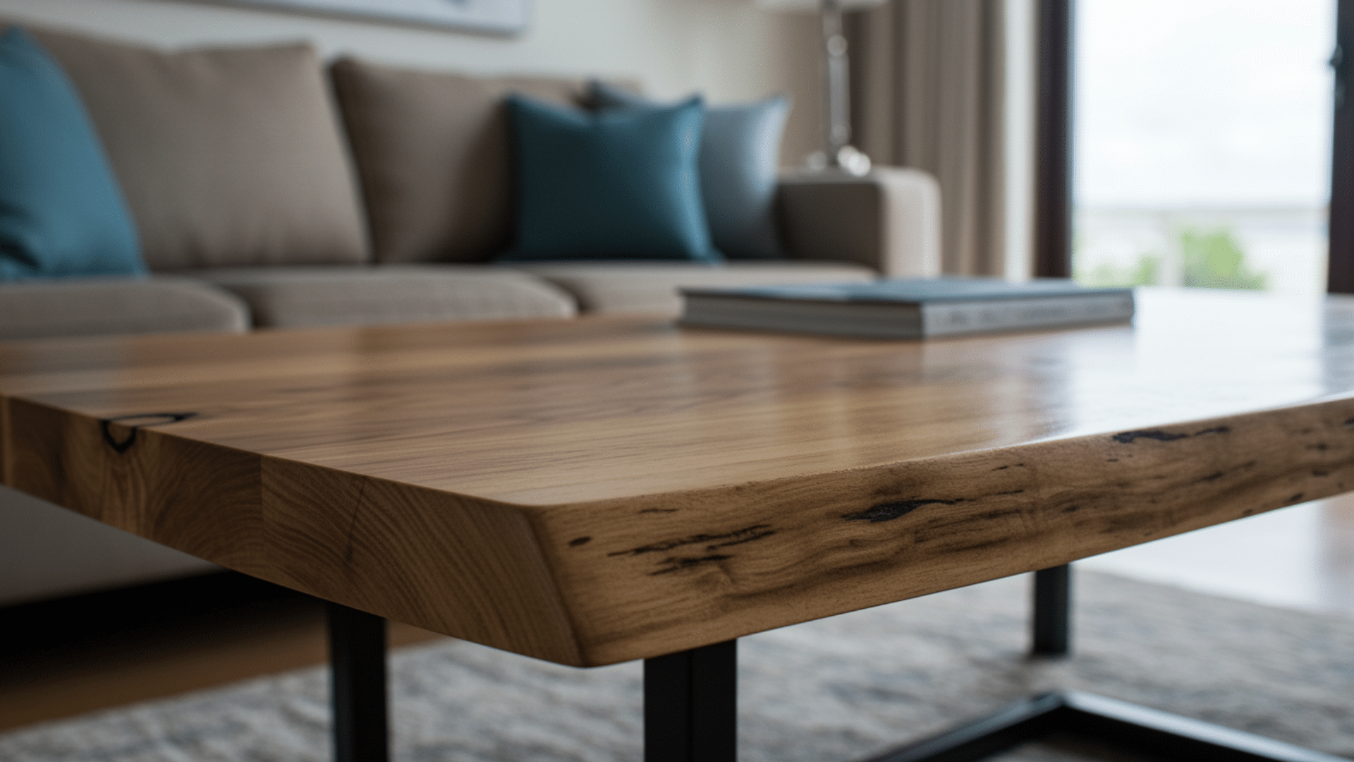 close up of wooden coffee table with natural grain and metal legs in modern living room with blurred sofa and cushions in background