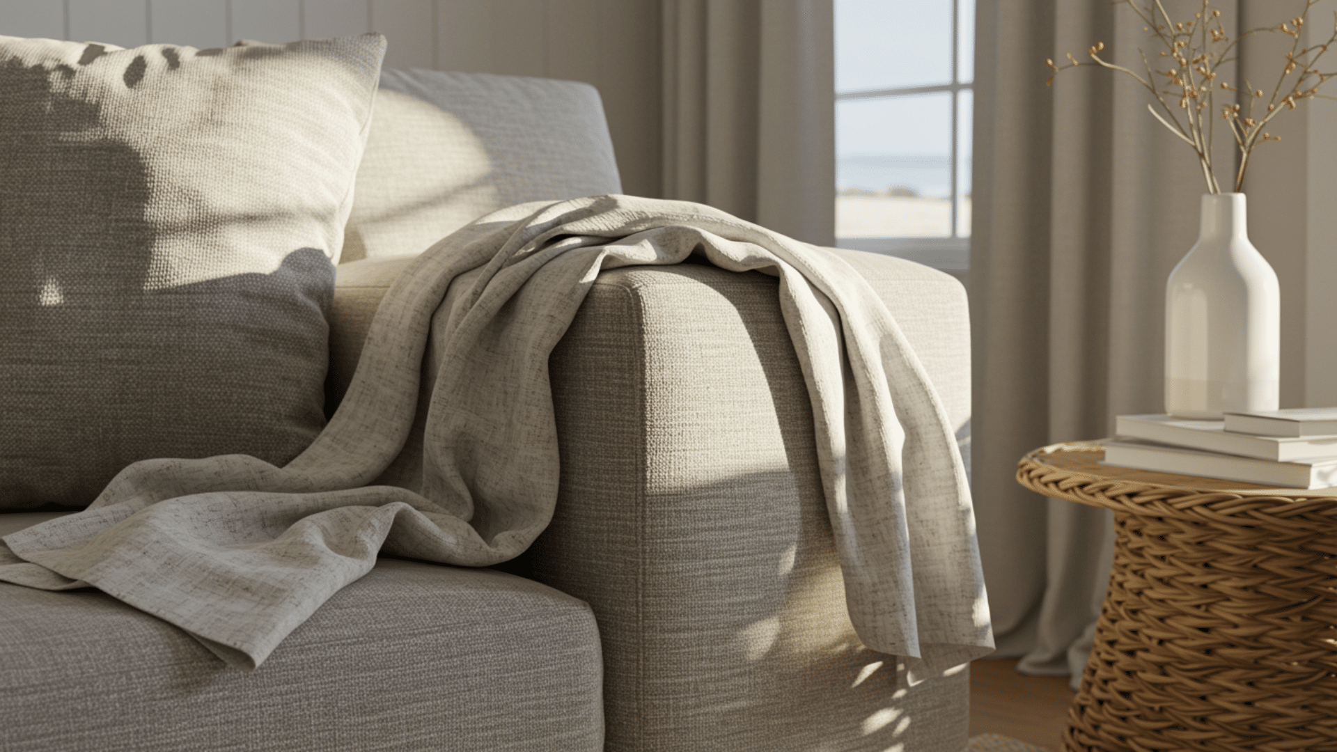 close view of beige sofa with soft throw blanket draped over arm beside wicker side table with vase and books in warm light