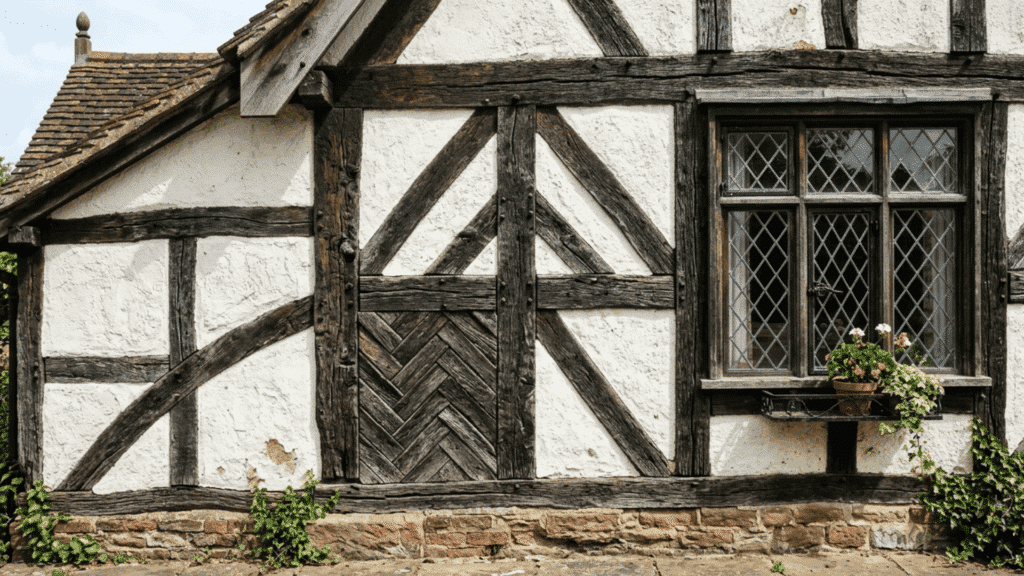 close view of decorative half timbering with wooden beams and stucco on tudor exterior