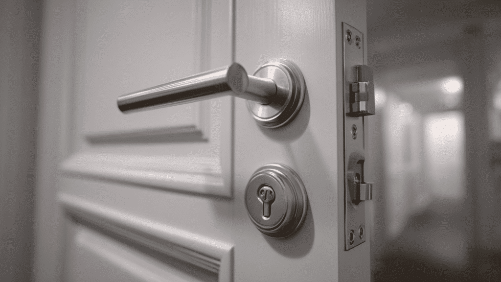 close view of modern door handle lock and latch on white door with blurred hallway background