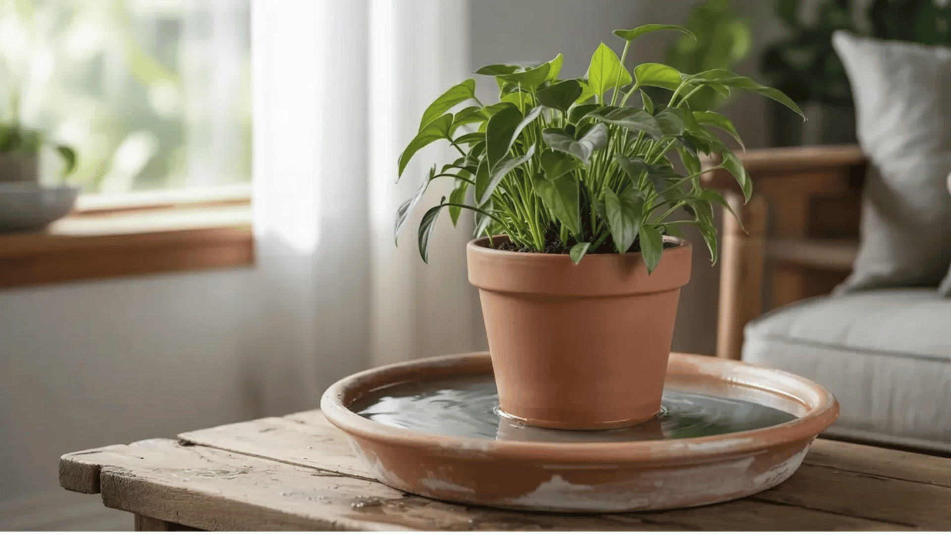 close view of plant pot absorbing water from bottom in a tray during bottom watering method