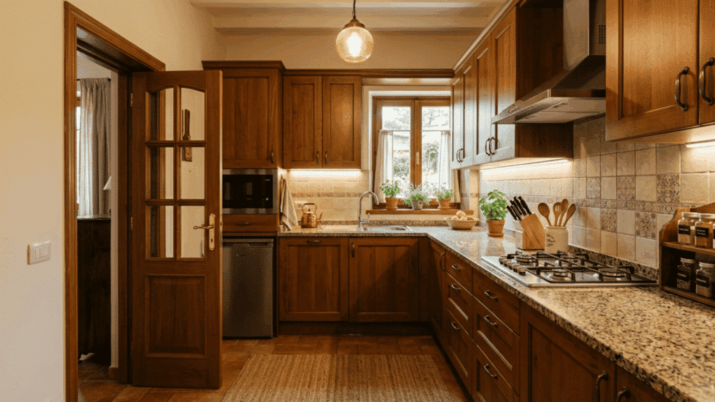 closed modular kitchen layout with walls and door keeping cooking smells contained from the rest of home