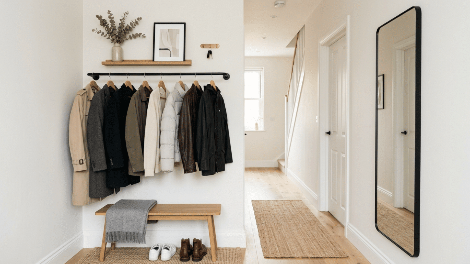 Clothes rail in hallway with neatly arranged coats and accessories