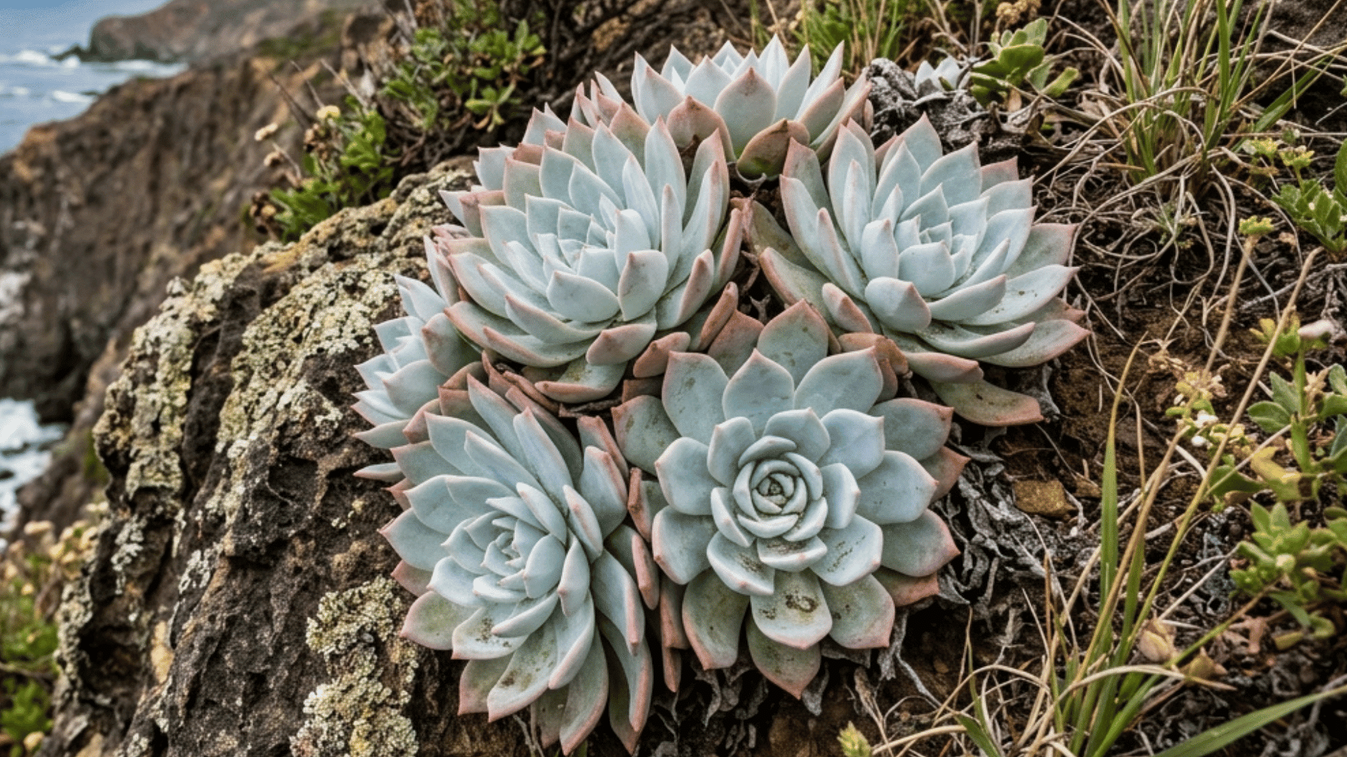 cluster of rosette succulents growing on rocky hillside with natural landscape view.