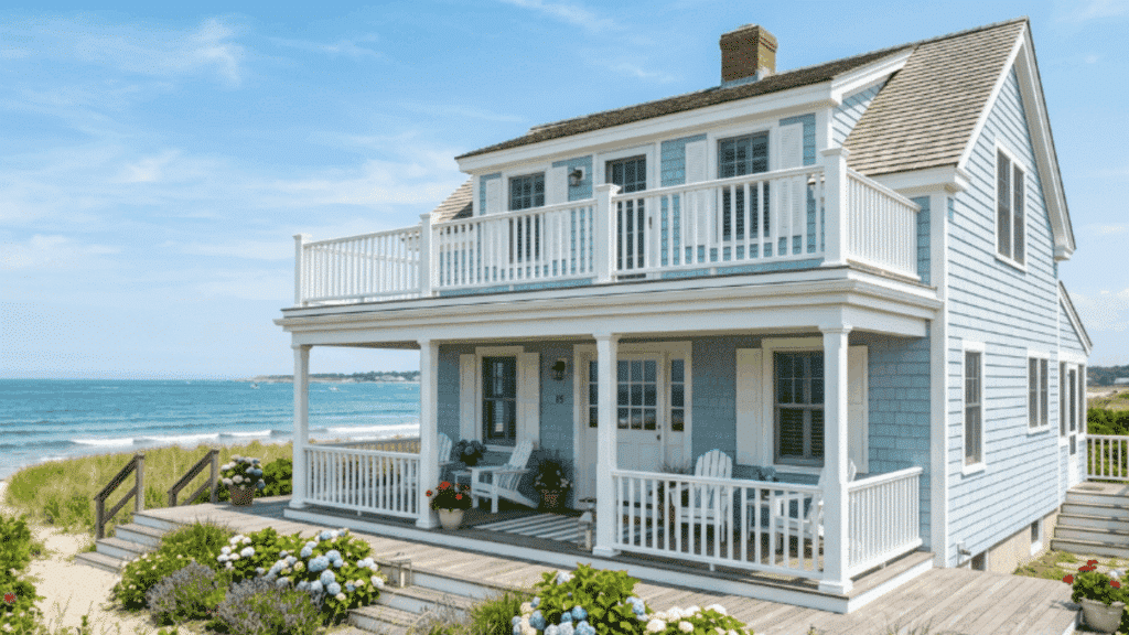 coastal cottage with light blue siding white railings porch deck beach plants clear summer sky exterior