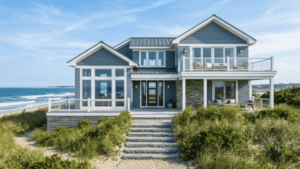 coastal house with blue gray siding white trim large windows beach grass landscaping bright natural daylight