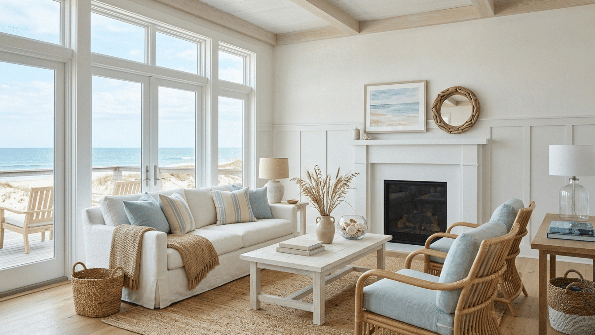 coastal living room with soft tones, ocean view, wicker chairs, and light wood decor.