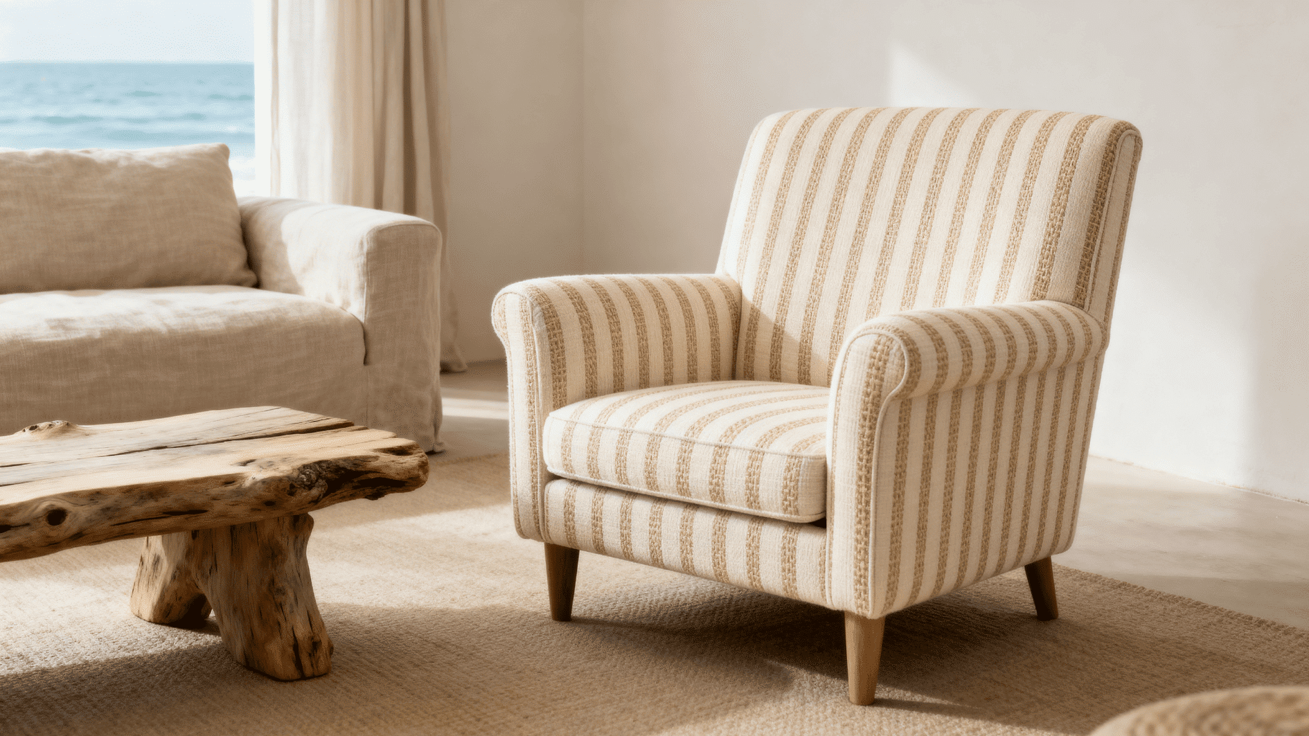 coastal living room with striped accent chair, neutral tones, wooden table, soft natural light and minimal decor setting