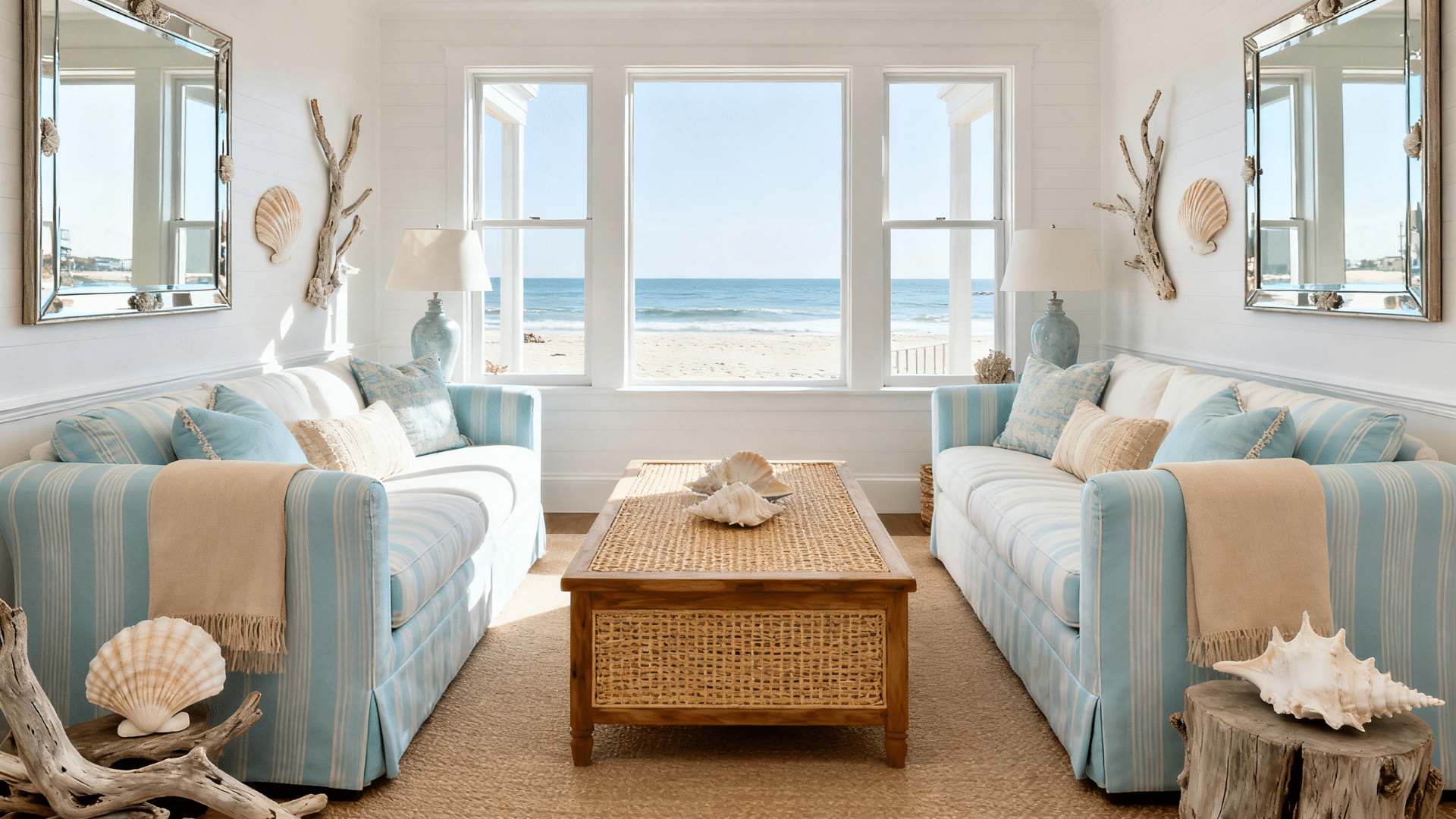 coastal living room with two stripe blue sofas facing each other and wooden table centered before large windows with ocean view