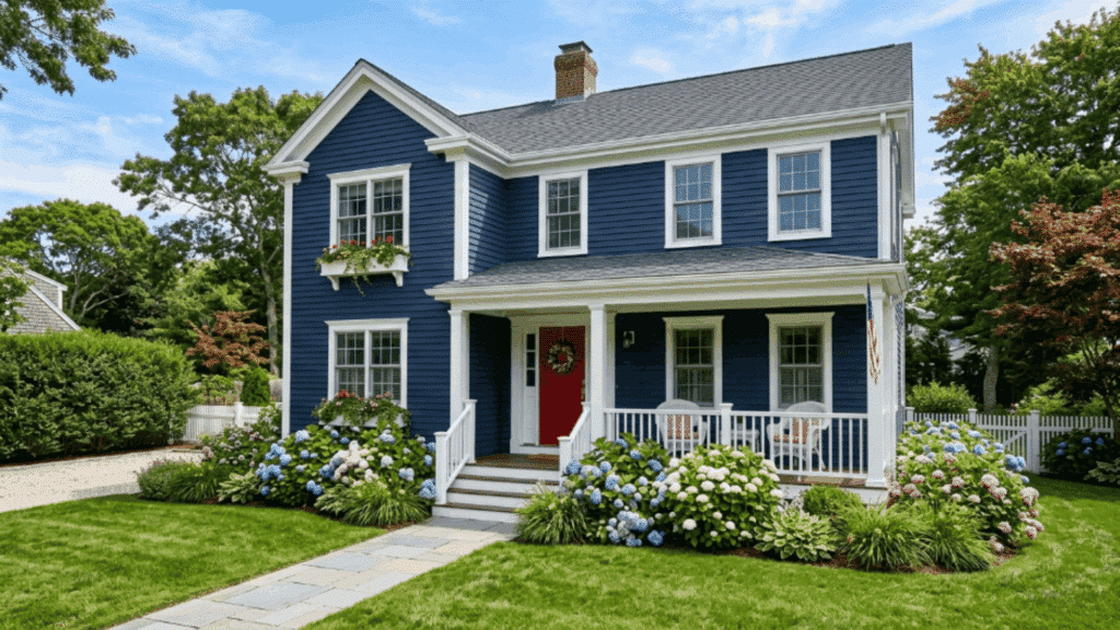 coastal style house with hale navy blue siding white trim porch railings hydrangea bushes bright summer daylight exterior