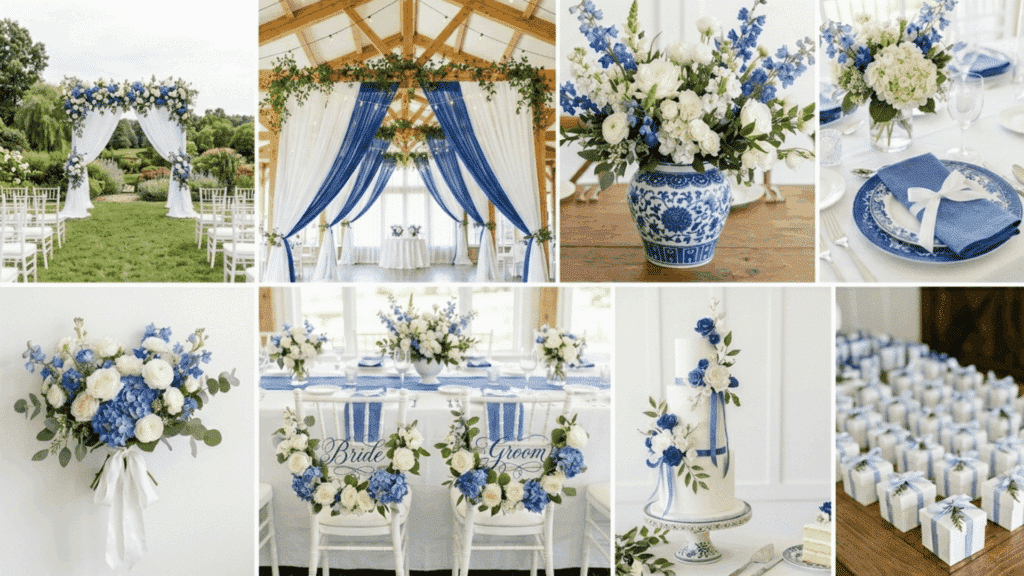 cobalt blue and white wedding color scheme collage with bold decor florals and table setup