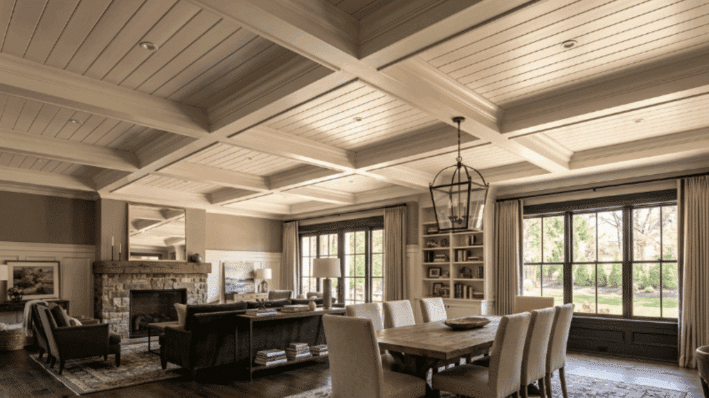 coffered sections filled with shiplap add depth and structure, making the ceiling feel more architectural