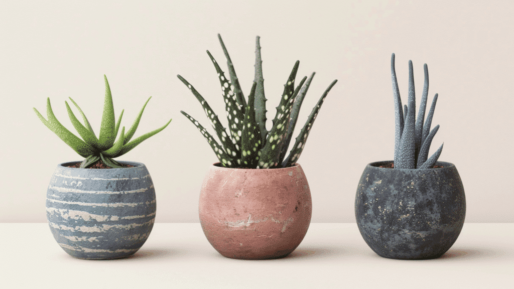 collage of aloe variegata aristata and glauca plants in clean minimal layout