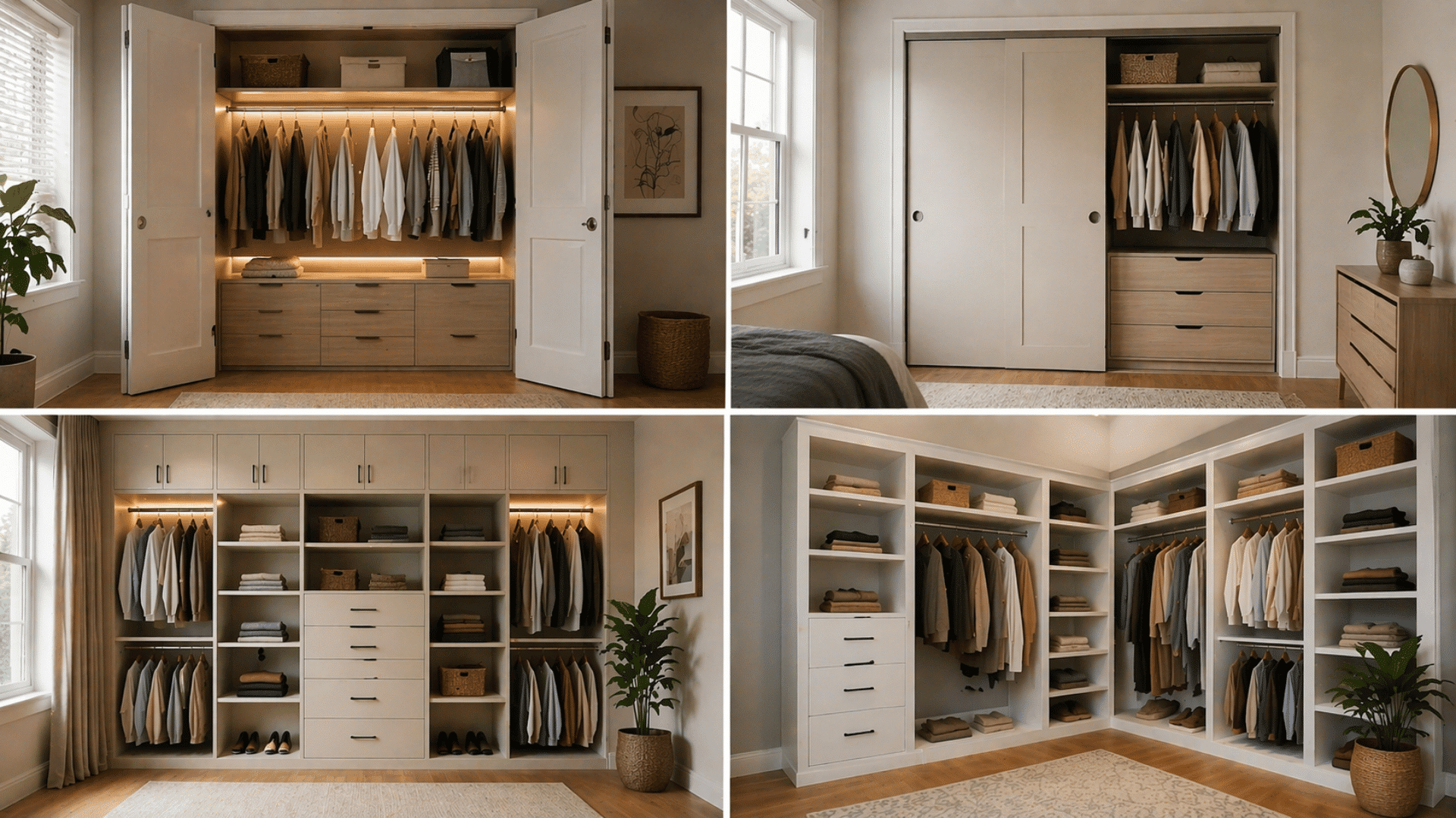 collage of four closet designs with lighting sliding door built in storage and corner setup in neutral interiors