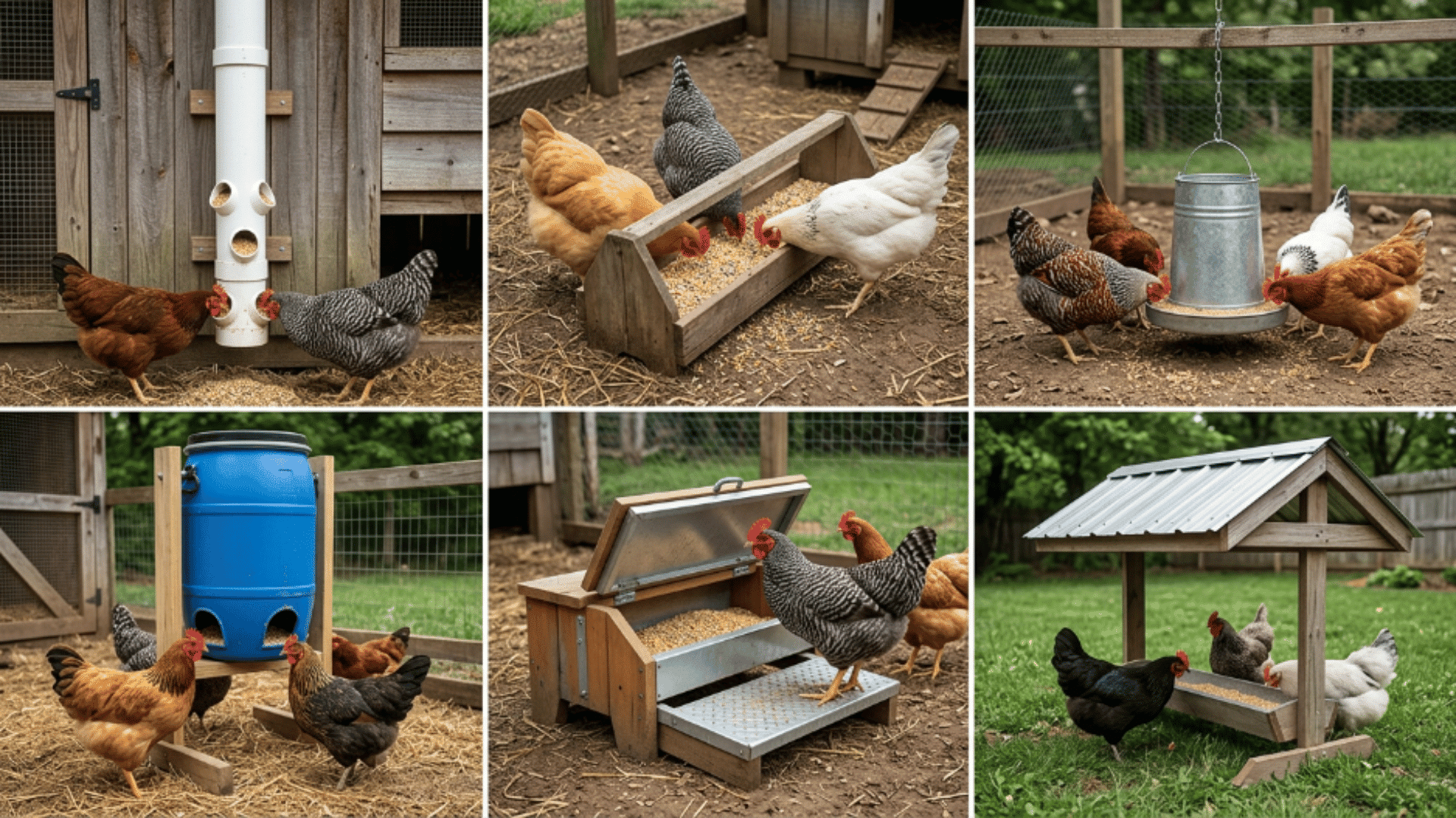 collage of six diy chicken feeders including pvc, trough, hanging, barrel, treadle, and covered feeder with chickens feeding