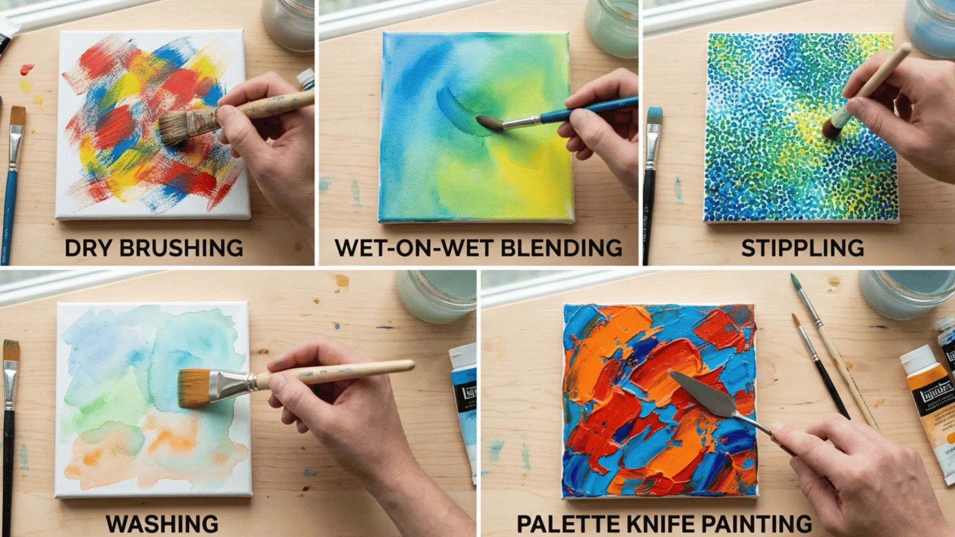 collage showing acrylic painting techniques including dry brushing, wet-on-wet blending, stippling, washing, and palette knife painting