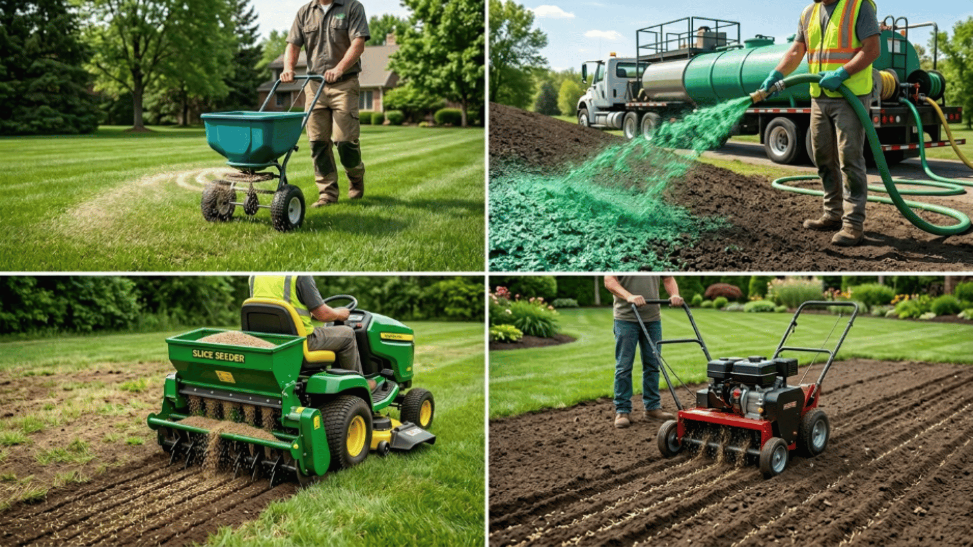 collage showing four grass seeding methods including broadcast spreader, hydroseeding spray, slice seeding machine, and slit seeding grooves on lawn