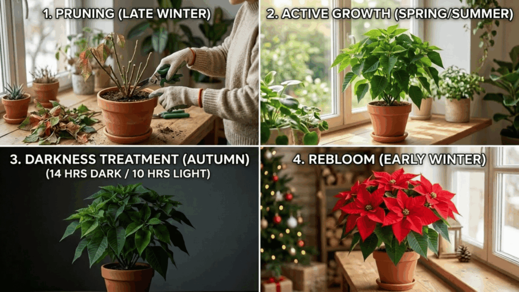 collage showing pruning, growing, dark treatment, and reblooming poinsettia plant indoors