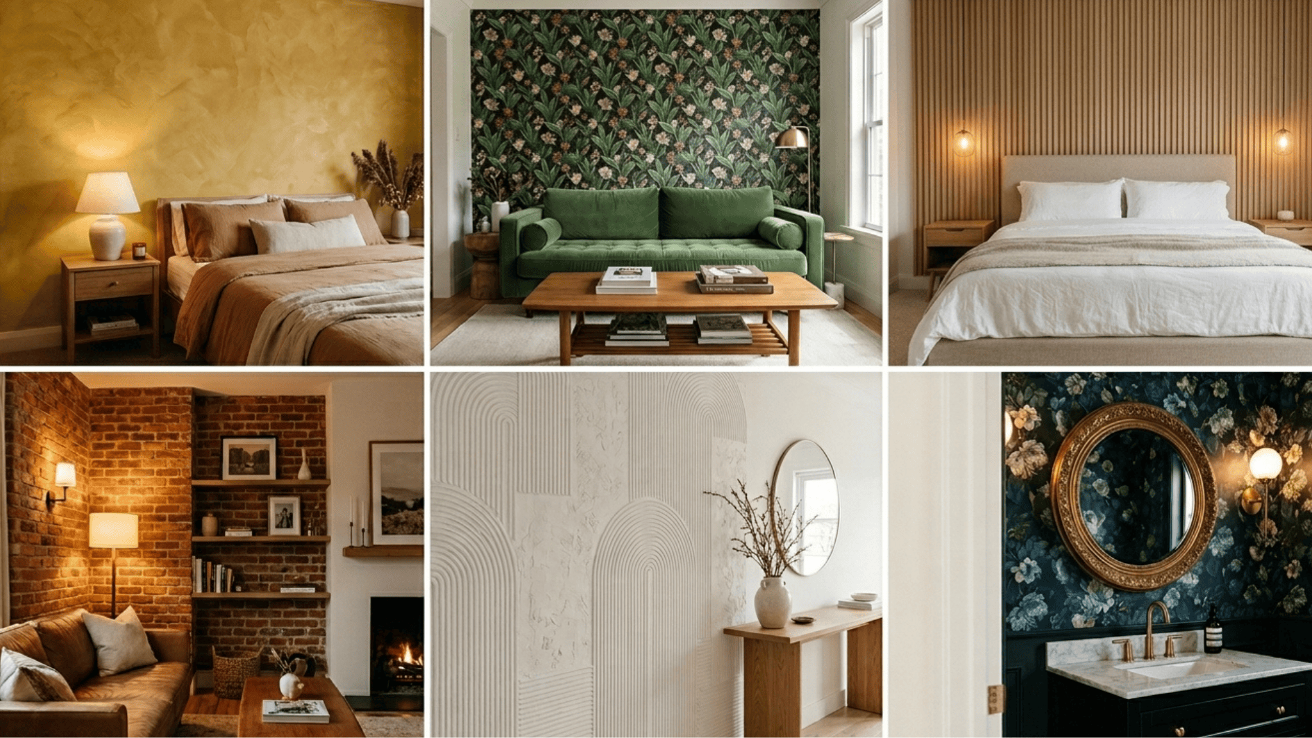 collection of stylish interior rooms showcasing textured walls, bold wallpaper, wood paneling, and cozy decor for modern home inspiration