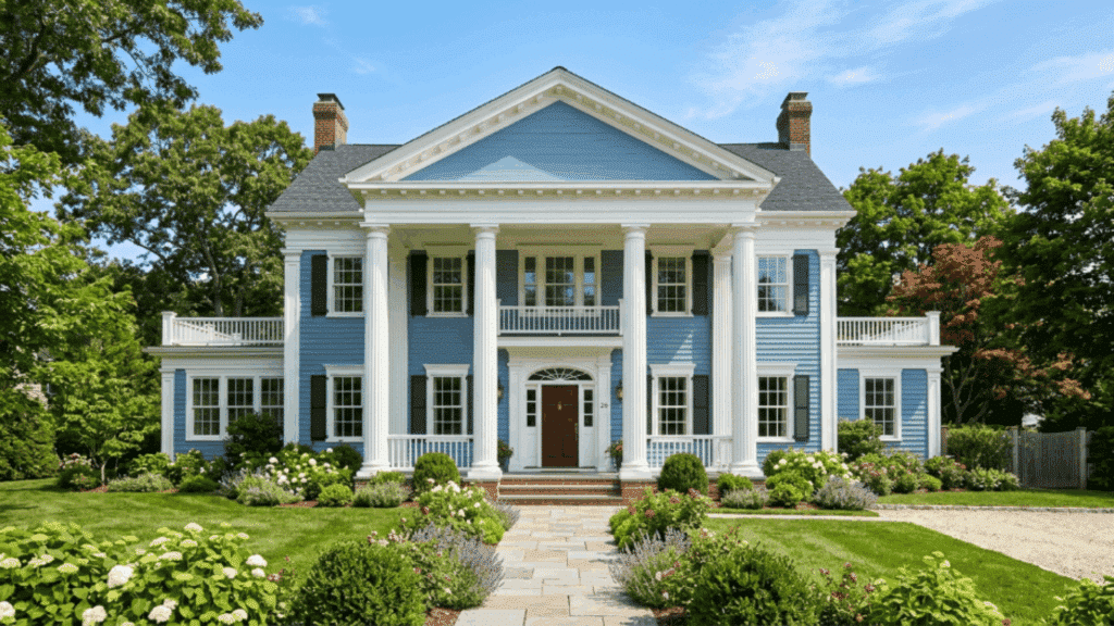 colonial house with sky blue siding white columns porch shutters manicured lawn sunny summer day
