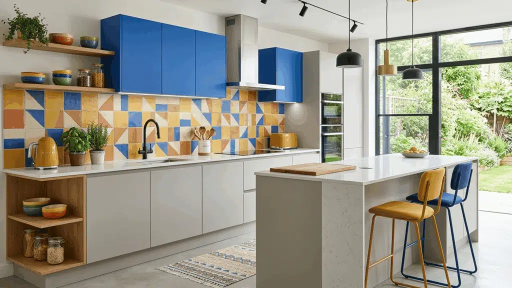 color pop modular kitchen with bold cabinet or backsplash tones adding personality to a neutral space