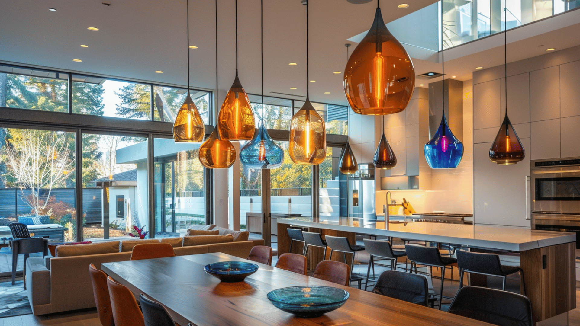 colored glass pendant lights above dining table with soft tinted glow