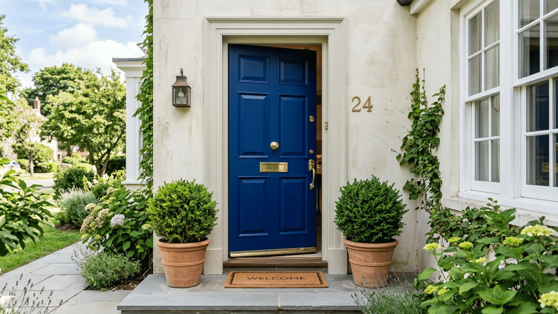 colorful blue front door with planters and clean entryway styling.