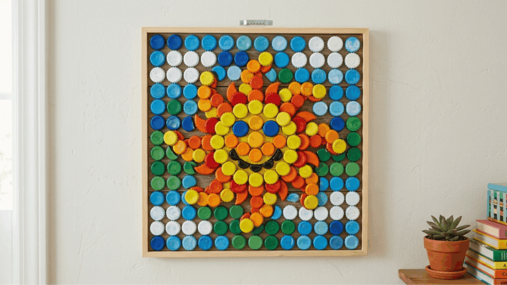colorful bottle cap wall art arranged into a bright sun pattern on a wooden board.