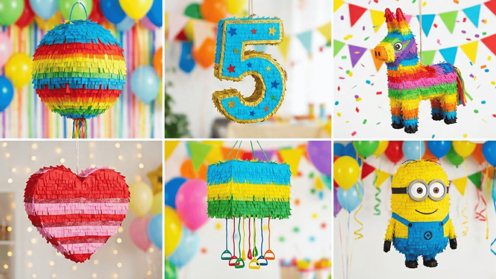 colorful collage of different piñata designs including round, number five, animal, heart, pull-string, and character styles