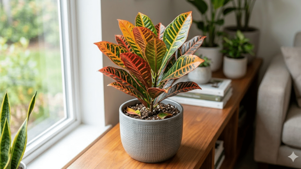 colorful croton plant with red yellow and green leaves in gray pot placed on wooden table near window in bright indoor setting