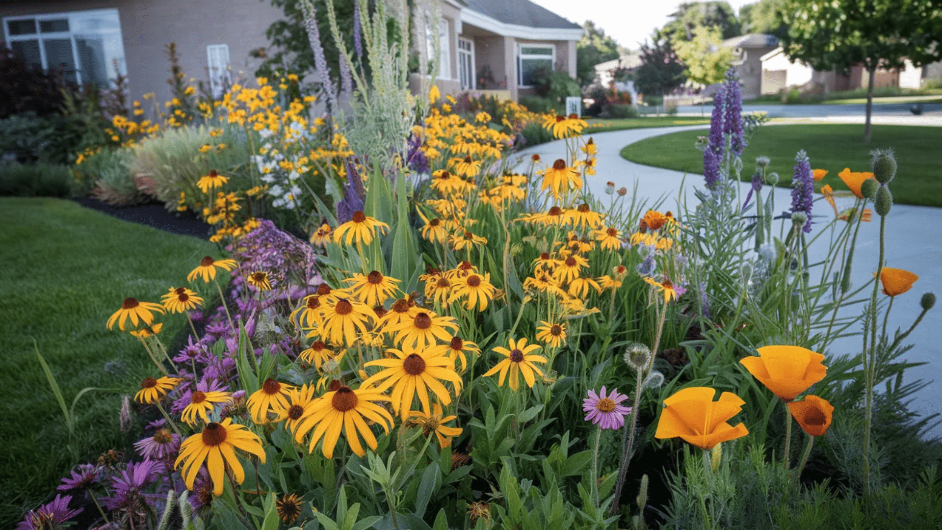 colorful front yard flower bed with yellow coneflowers purple blooms and curved walkway beside a suburban home