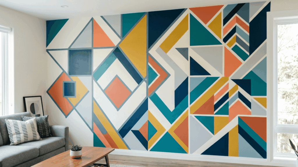 colorful geometric wall art painted with bold shapes and clean lines on a feature wall.