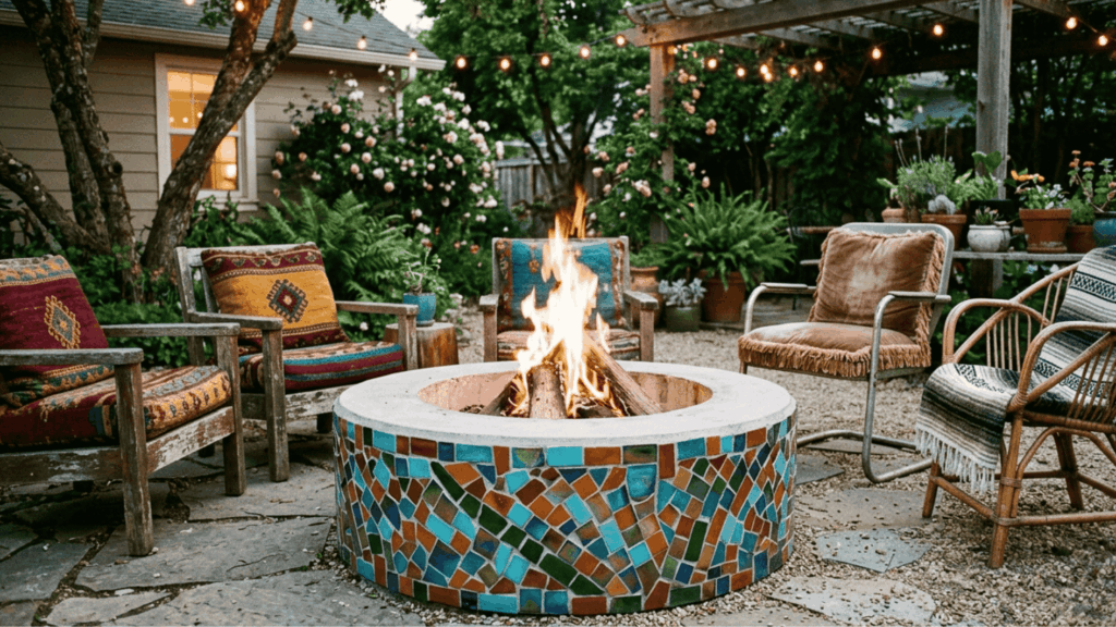 colorful mosaic fire pit DIY backyard bohemian patio eclectic outdoor seating string lights