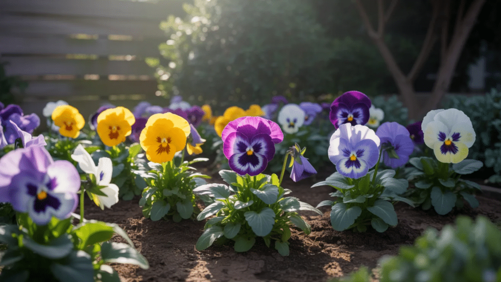 colorful pansy flowers blooming in garden bed under sunlight with vibrant purple yellow and white petals