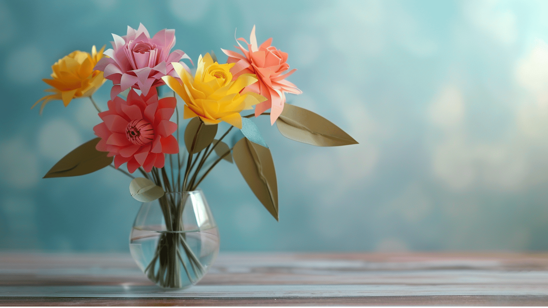 colorful paper flower bouquet arranged in glass vase on wooden table with natural light and clean background