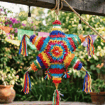 colorful star shaped piñata hanging outdoors with bright fringe paper decorations and festive background lights