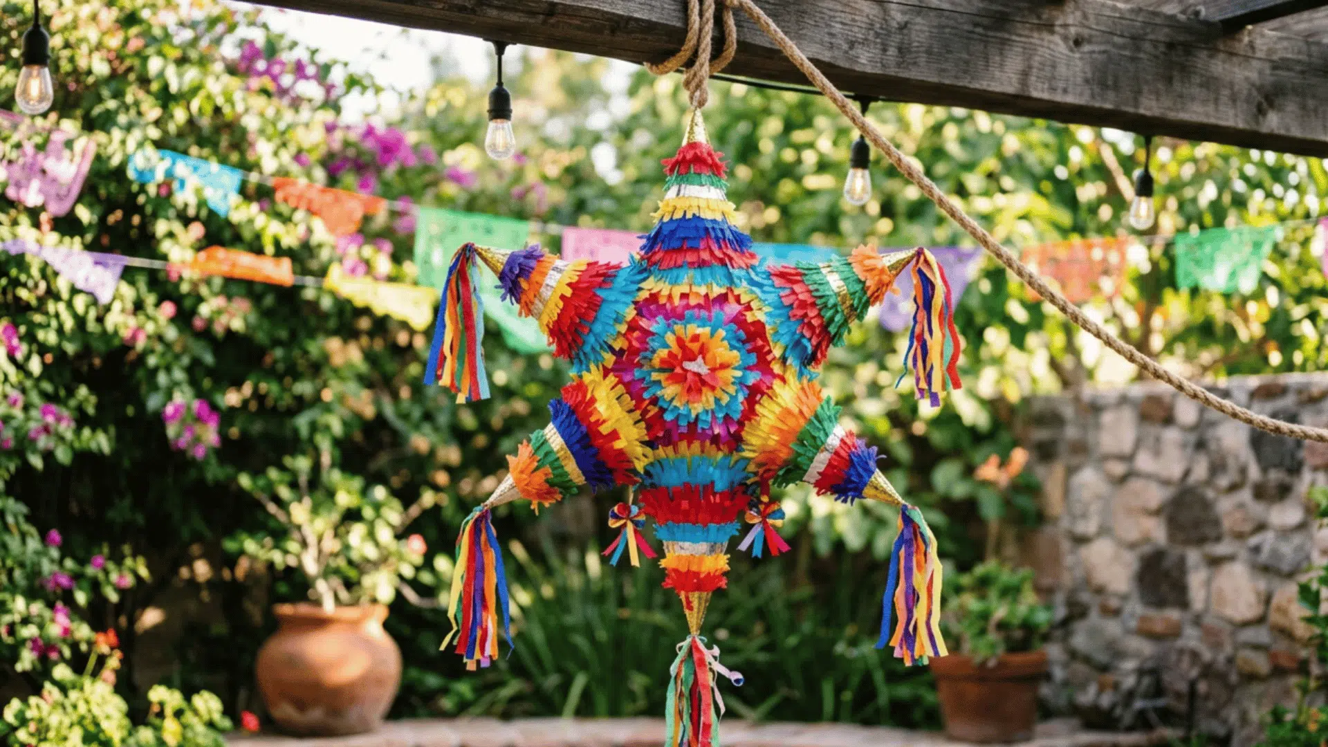 colorful star shaped piñata hanging outdoors with bright fringe paper decorations and festive background lights