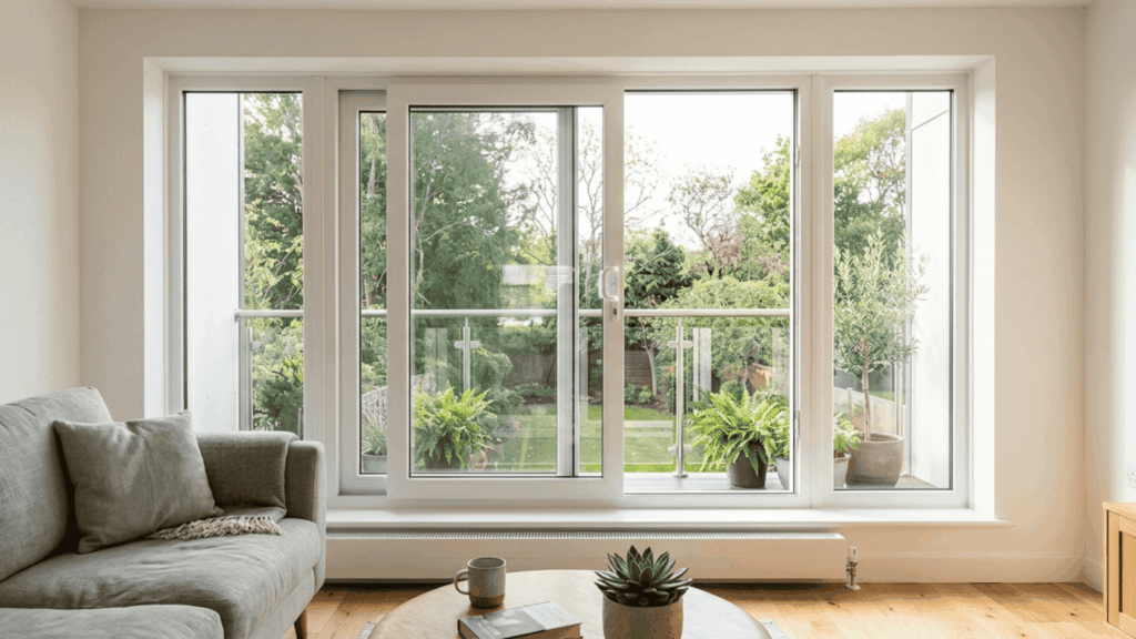 combination pvc window unit with fixed and sliding panels installed in a modern residential interior space