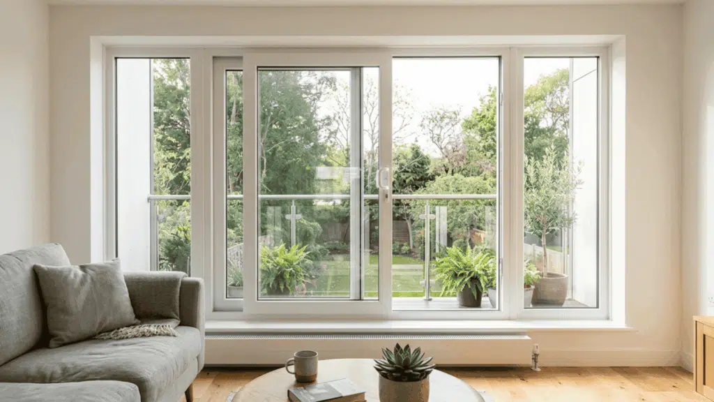 combination pvc window unit with fixed and sliding panels installed in a modern residential interior space