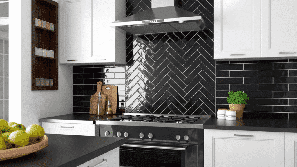 combines horizontal and vertical subway tiles to create distinct zones within a room.