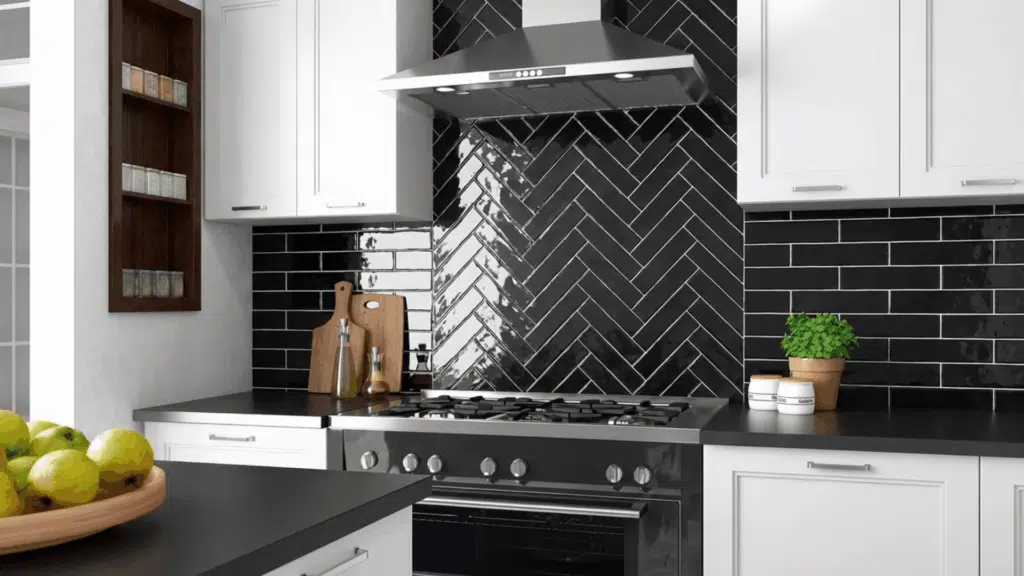 combines horizontal and vertical subway tiles to create distinct zones within a room.