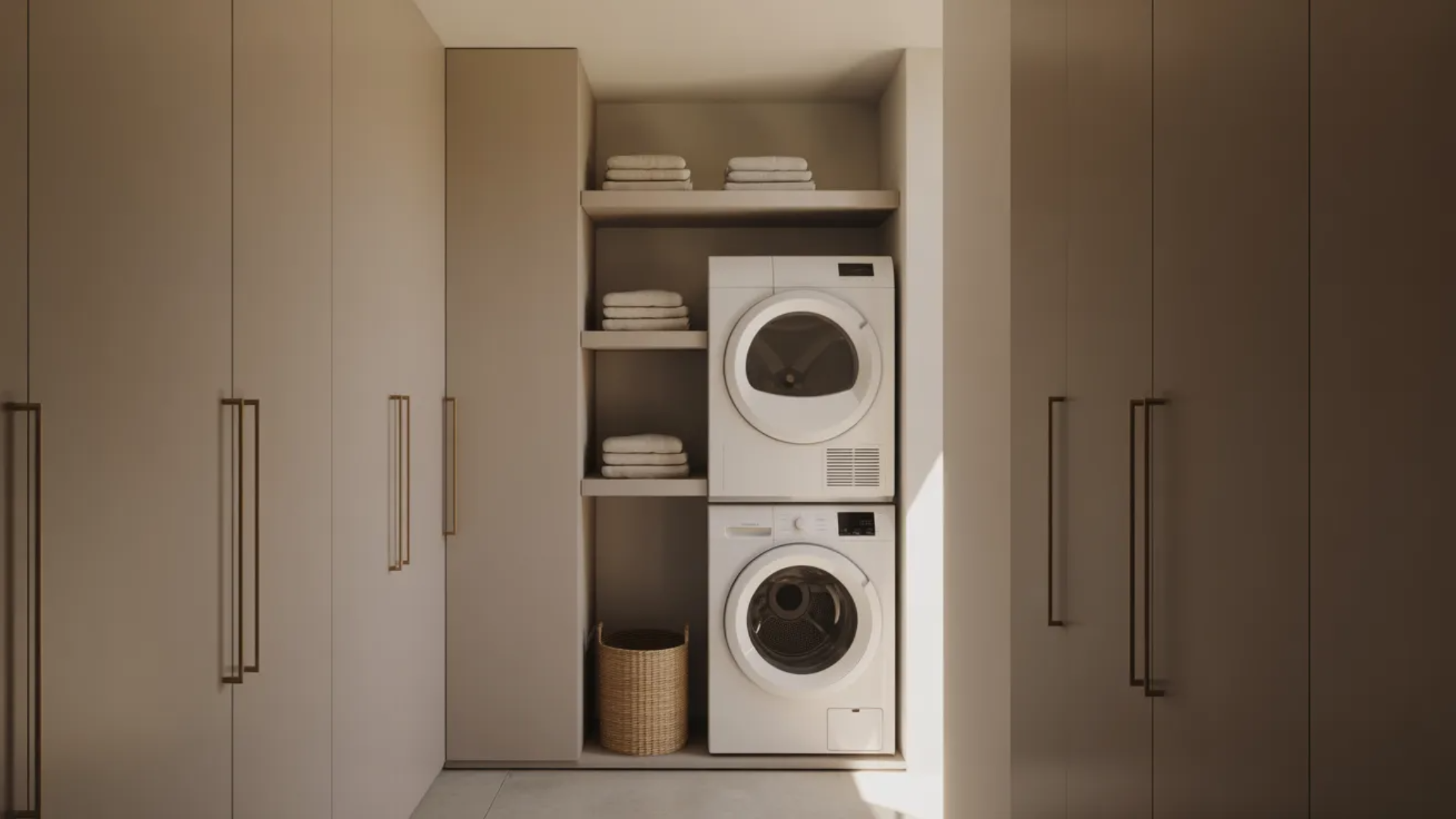 compact corner laundry with stacked washer dryer, shelves, and soft neutral cabinets