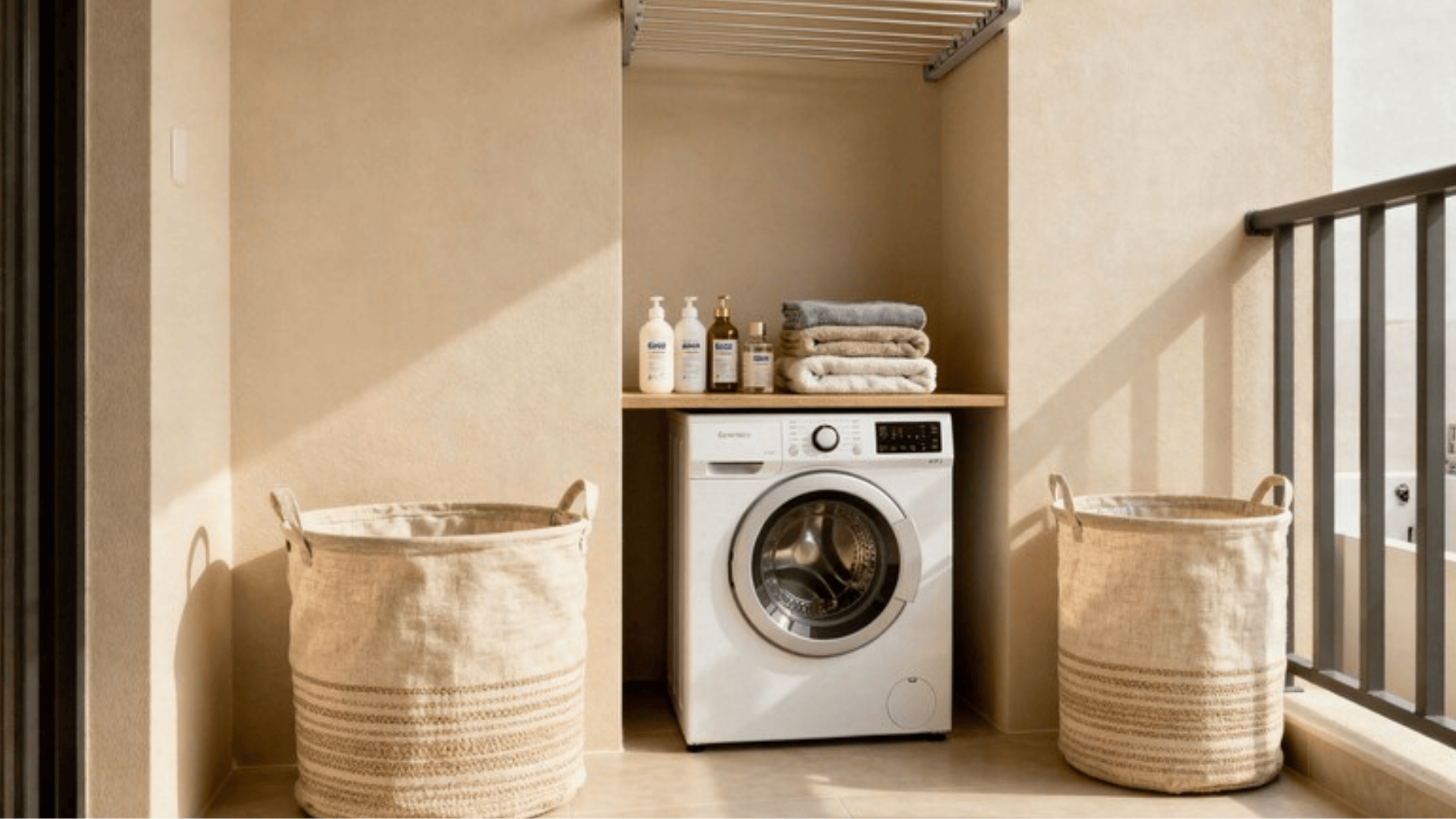 compact laundry nook with washing machine, storage shelf, towels, baskets, and organized essentials in small balcony space