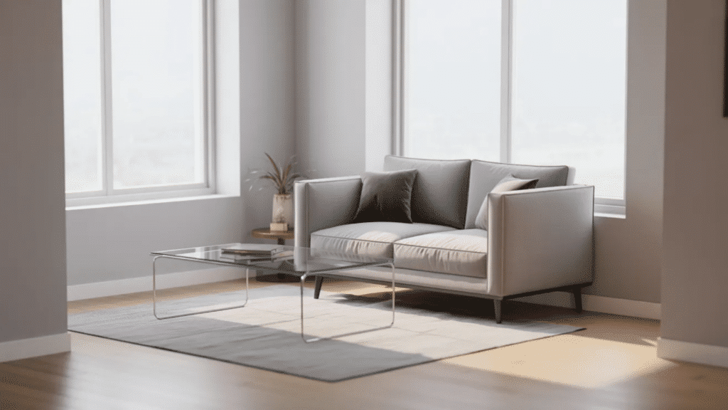 compact loveseat in a bright small living room with a glass coffee table and minimal decor